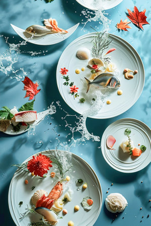 Different types of fish and seafood cooked flying and floating in the air chaotically and dynamically. Tossed seafood.の素材