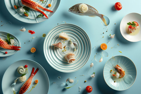 Various types of fish and seafood cooked on a bright colorful background.の素材