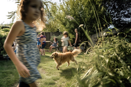 Children playing dynamically with their dog in the backyard. Motion blur.の素材