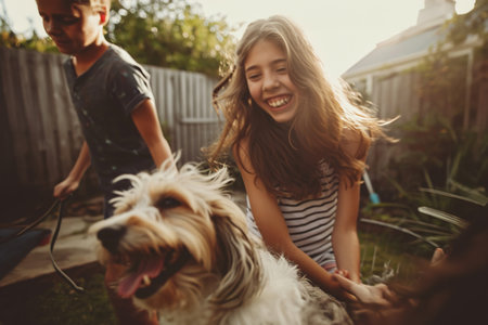 Children playing dynamically with their dog in the backyard. Motion blur.の素材