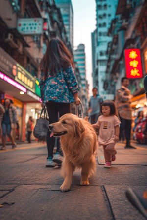 A dog is walking on the street in a big city in Asia. Low point of view.の素材