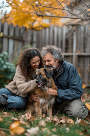A man and a woman show their love to a dog in the backyardの素材