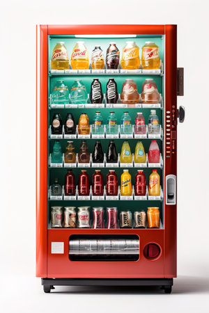 Cutout isolated vending machine with many canned drinks and bottles on white background.の素材