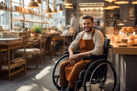 Disabled man in a wheelchair working in pastry and bread shop.の素材