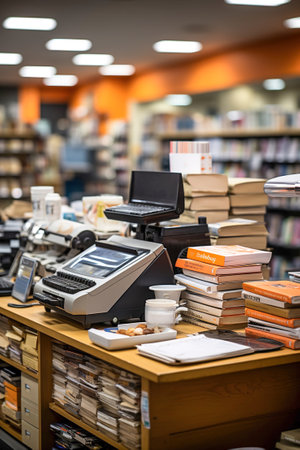A table with cash register in book store, many books on shelves in the background.の素材