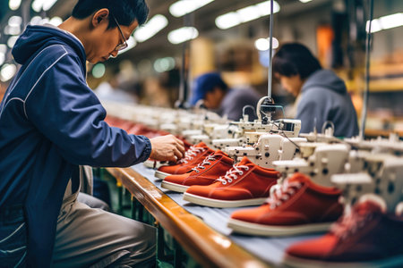 A man working on a pair of shoes in Asian shoe factory.の素材