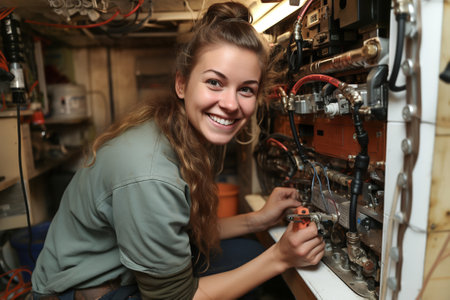 A woman is smiling while working on an electrical panel to repair the electricity in home. Woman doing men's work.の素材