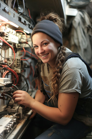 A woman is smiling while working on an electrical panel to repair the electricity in home. Woman doing men's work.の素材