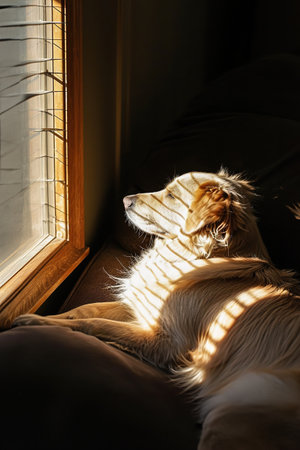 A dog enjoying a sunbeam in a cozy room.の素材