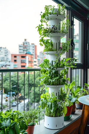 Hydroponic towers with green vegetables on balcony in a big city.の素材