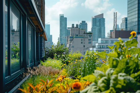 A rooftop garden with various vegetables and herbs, city buildings on background.の素材