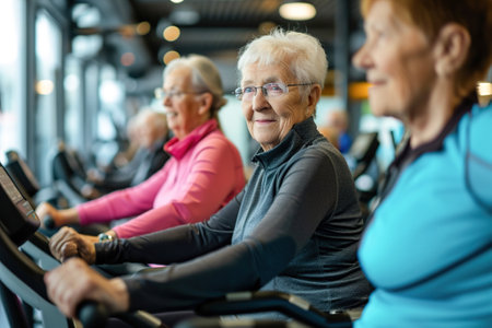 A group of elderly people participating in gym on various fitness equipment.の素材