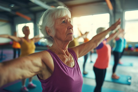 A group of elderly individuals participating in a fitness class.の素材