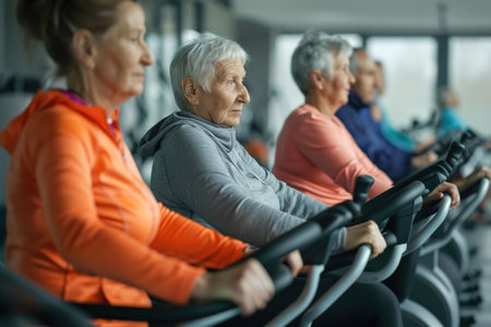 A group of elderly people participating in gym on various fitness equipment.の素材