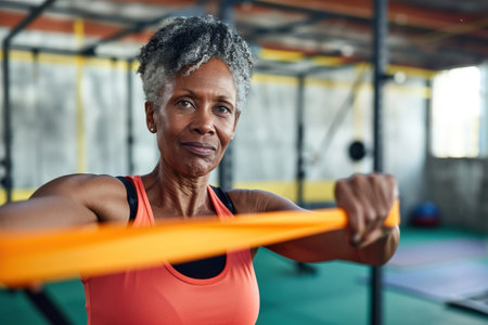 Senior woman using resistance stretch bands for strength training in gym.の素材