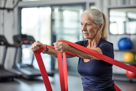 Senior woman using resistance stretch bands for strength training in gym.の素材
