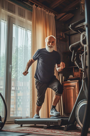 An elderly man enjoying a low-impact exercise routine at home.の素材