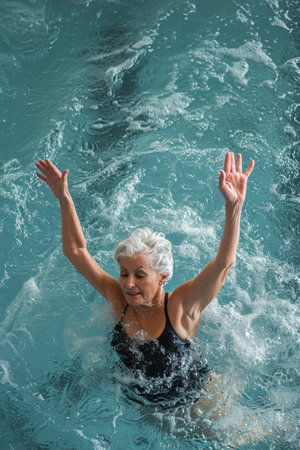 Elderly silver-haired woman doing water aerobics in a pool.の素材