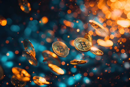 Bitcoin background. A conceptual image of digital coins floating in a virtual space.の素材
