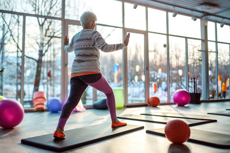 An elderly woman practicing balance exercises in a fitness studio.の素材
