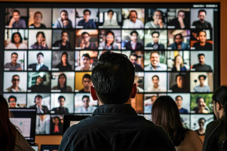 Screenshots of a virtual conference with participants on video calls.の素材