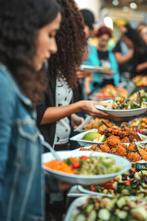 Close-ups of multicultural people enjoying local delicacies in the vibrant atmosphere.の素材