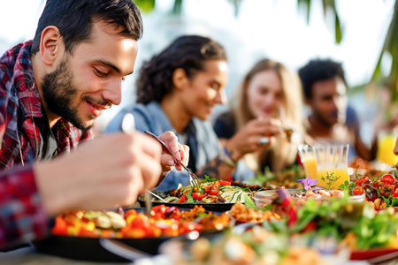 Close-ups of multicultural people enjoying local delicacies in the vibrant atmosphere.の素材