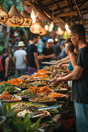 Close-ups of multicultural people enjoying local delicacies on exotic market in the vibrant atmosphere.の素材