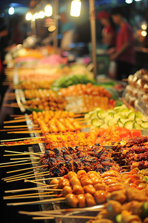 Colorful displays of street food at a bustling night market.の素材