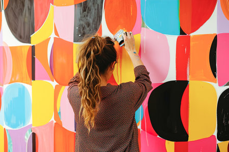 A person painting a feature wall in a creative pattern.の素材