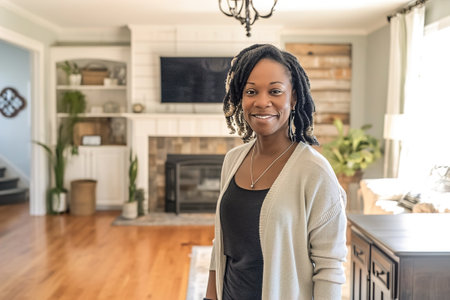 A homeowner proudly showcasing their completed DIY project in home interior design.の素材