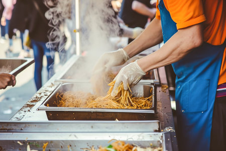 A street food vendor's hands skillfully preparing a popular dish.の素材