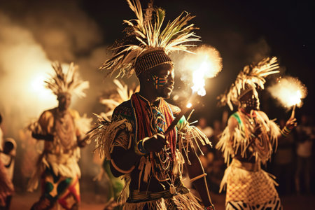 Artistic shots of traditional performances and entertainment at the night market in Africa.の素材