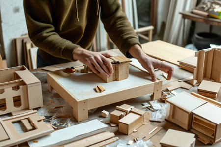 A man assembles a cardboard 3D modelÐ»の素材