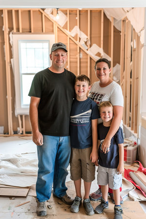 A homeowner dressed in work clothes proudly showcasing their completed DIY finished project in home interior design, woman and children around him.の素材