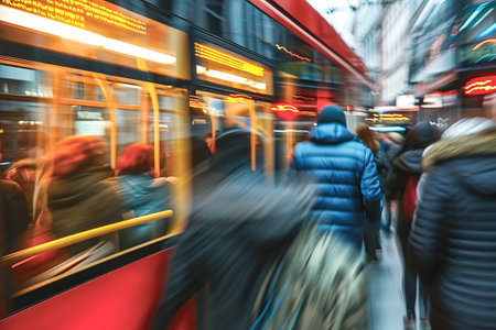 Commuters using public transportation, such as buses or trams.の素材