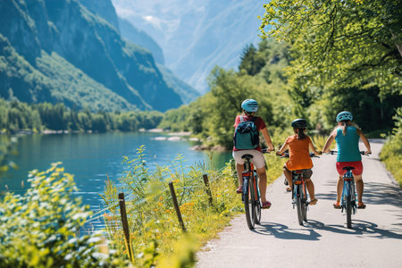 A family cycling together in a scenic, car-free area.の素材