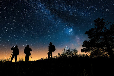 Silhouettes of people stargazing against a night sky.の素材