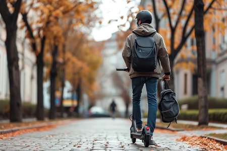Person with scooter in urban environment.の素材