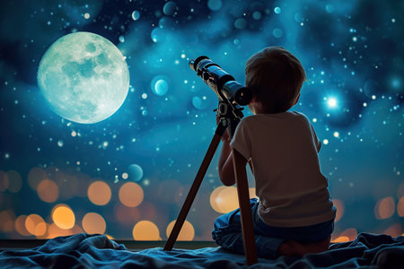 Child watch in the telescope, Celestial bodies like the moon, stars, and planets.の素材