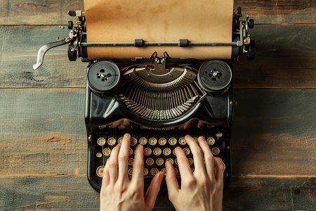 Hands using a classic typewriter with vintage paper in retro environmental.の素材