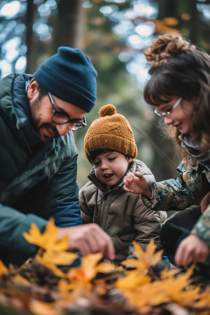 A family engaged in outdoor activities with a focus on presence. Moments in nature.の素材