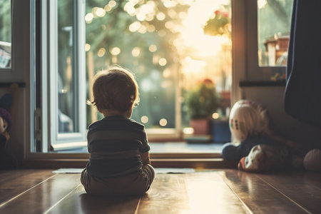 Calm and peaceful moments in a household with young child sitting on the floor in front of the window.の素材