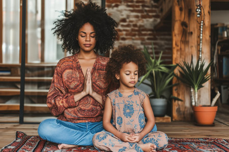 A parent and child practicing mindfulness exercises together.の素材