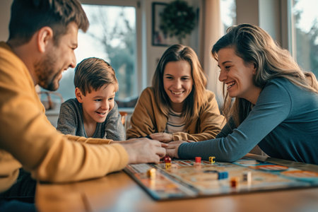 Family Playing board games or card games encourages cooperation, communication, and understanding of each other's emotions during wins and losses.の素材