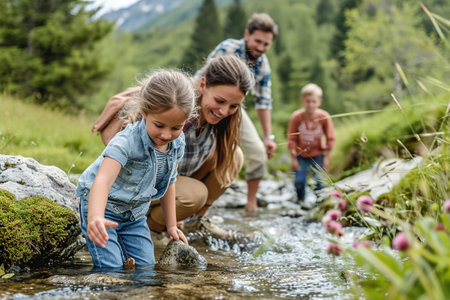 A family engaged in outdoor activities with a focus on presence. Moments in nature in the river.の素材