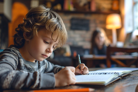 Child writing or journaling, expression of emotions, and sharing thoughts in a safe and supportive environment.の素材