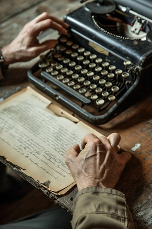 Hands using a classic typewriter with vintage paper in retro environmental.の素材
