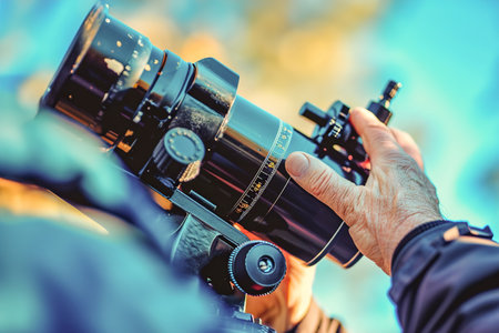 Close-up of hands adjusting telescope settings for observation.の素材