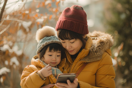 Close-up of a parent and child enjoying something on the smartphone.の素材